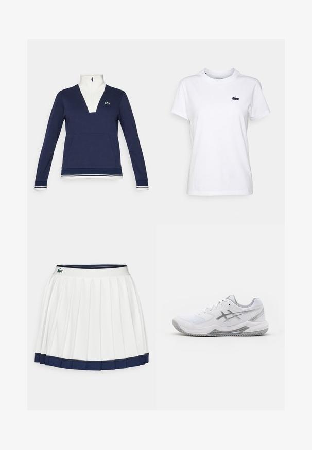 Jūrų jėgos pusiau užtrauktukas, pagamintas iš tekstūruoto audinio, su baltu apykakle ir rankogaliais, kengūros tipo kišene ir žaliu Lacoste logotipu.; Balta medvilnės marškinėliai su apvaliu kaklu, trumpomis rankovėmis ir mažuoju tamsiai mėlynu logotipu kairėje krūtinės pusėje. Lygi tekstūra, laisvalaikio dizainas.; Balta plisuota sijonas su tamsiai mėlynu juosmeniu ir hemu. Pagamintas iš minkštos medžiagos, su horizontaliomis juostelėmis juosmenyje, sukurtas patogumui.; Balti sportiniai bateliai turi tinklinį viršų, sidabrinius akcentus, tekstūruotas sintetine dangą ir gumos pado zigzago raštą.