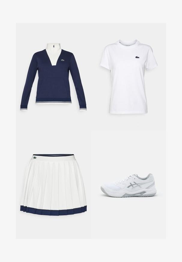Meripool hihaton puuvillapusero, jossa on tekstitettu kangas, valkoinen kaulus ja hihansuut, kenguru-tasku ja vihreä Lacoste-logo.; Valkoinen puuvillatee-paita, jossa on pyöreä pääntie, lyhyet hihat ja pieni laivastonsininen logo vasemmassa rinnassa. Tasainen rakenne, rento muotoilu.; Valkoinen laskostettu hame, jossa on tummansiniset vyötärö ja helma. Ominaisuuksiin kuuluu pehmeä kankaan, jossa on vaakasuorat raidat vyötäröllä, suunniteltu mukavuuden takaamiseksi.; Valkoinen urheilukenkä, jossa on verkkokangasta ja synteettisiä materiaaleja, harmaat yksityiskohdat ja nauhat, teksturoitu pohja, kaareva muotoilu ja logoyksityiskohta.