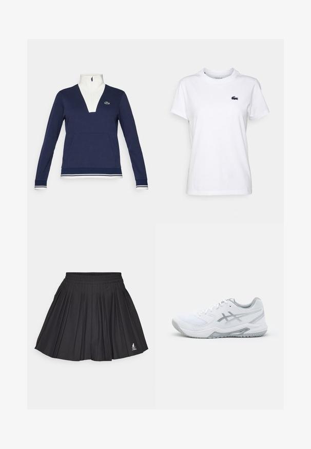 Sötétkék, félcipzáros pulóver texturált anyagból, fehér gallérral és mandzsettákkal, kenguruzsebbel és zöld Lacoste logóval.; Fehér pamut póló kerek nyakkal, rövid ujjakkal és egy kicsi sötétkék logóval a bal mellen. Sima textúra, laza dizájn.; Fekete, pleats-es szoknya, elasztikus derékkal, a jobb alsó sarokban logóval, fehér háttér előtt.; Fehér sportcipő hálós és szintetikus anyagból, szürke kiemelésekkel és fűzőkkel, texturált talppal, ívelt dizájnnal és logó részlettel.