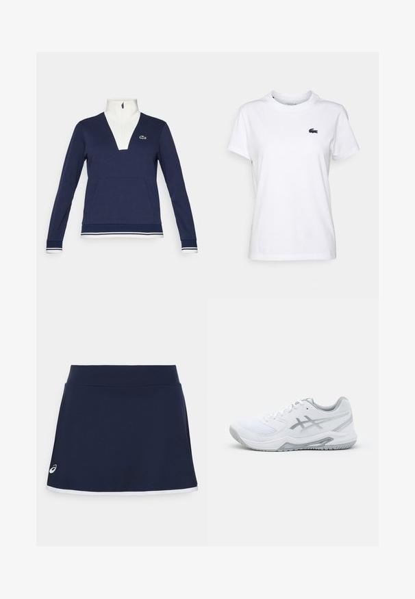 Marineblauer Halbreißverschluss-Pullover aus Textil, mit weißem Kragen und Bündchen, Kängurutasche und grünem Lacoste-Logo.; Weißes Baumwoll-T-Shirt mit Rundhalsausschnitt, kurzen Ärmeln und kleinem, navyfarbenem Logo auf der linken Brust. Glatte Textur, lässiges Design.; ASICS WOMEN COURT SKORT - Sportrock - midnight; Weißer Sportschuh aus Mesh und synthetischen Materialien, mit grauen Akzenten und Schnürsenkeln, strukturiertem Sohlen, gebogenem Design und Logodetails.