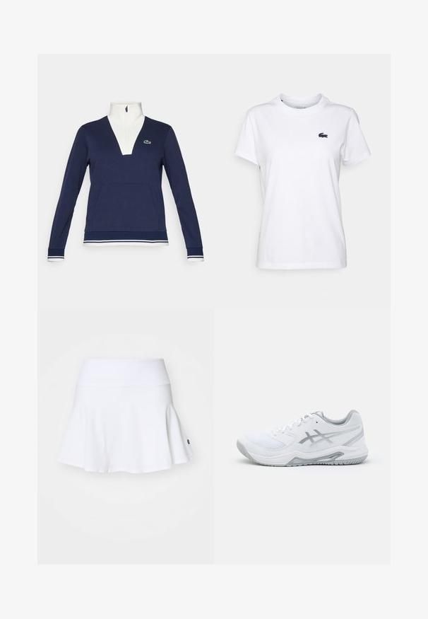 Marinblå halvdraget pullover i texturerat tyg, med vit krage och manschetter, känguruficka och en grön Lacoste-logotyp.; Vit bomull T-shirt med rund hals, korta ärmar och en liten marinblå logotyp på vänster bröst. Slät textur, avslappnad design.; Vit skort med en utflutad silhuett, tillverkad av ett mjukt tyg. Har en bred midjeband och subtil logotypdetalj på nedre högra sidan.; Vit sportskor med nät- och syntetmaterial, har grå accenter och snörning, texturerad sula, böjd design och logotypdetalj.