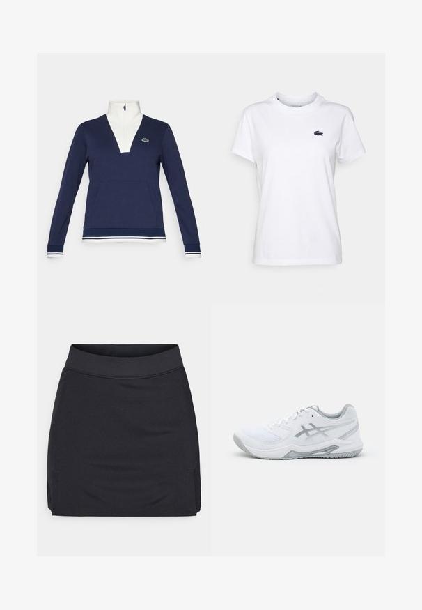 Pullover azul marinho com meia zip, feito de tecido texturizado, apresentando um colarinho e punhos brancos, bolso canguru e um logotipo verde da Lacoste.; T-shirt de algodão branca com decote redondo, mangas curtas e um pequeno logótipo azul-marinho no lado esquerdo do peito. Textura suave, design casual.; J.LINDEBERG Sports AMELIE MID SKIRT - Saia desportiva - black; Shoe desportivo branco com materiais de malha e sintéticos, apresenta detalhes e atacadores cinzas, sola texturizada, design curvado e detalhe do logotipo.