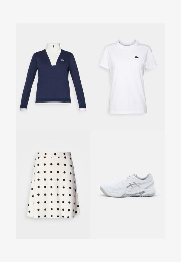 Námořnický pulovr na půl zip z texturované látky, s bílým límcem a manžetami, klokankou a zeleným logem Lacoste.; Bílý bavlněný tričko s kulatým výstřihem, krátkými rukávy a malým tmavě modrým logem na levé hrudi. Hladká textura, ležérní design.; Marc Cain Áčková sukně - white/black; Bílé sportovní tenisky s prodyšným a syntetickým materiálem, mají šedé akcenty a tkaničky, texturovanou podrážku, zakřivený design a detaily loga.