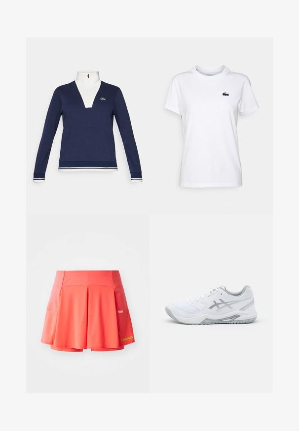 Sötétkék, félcipzáros pulóver texturált anyagból, fehér gallérral és mandzsettákkal, kenguruzsebbel és zöld Lacoste logóval.; Fehér pamut póló kerek nyakkal, rövid ujjakkal és egy kicsi sötétkék logóval a bal mellen. Sima textúra, laza dizájn.; Ráncolt teniszszoknya világos korall színben, sima tapintással. Beépített sorttal és egy kis oldalsó zsebbel rendelkezik. Neon zöld logóval.; Fehér sportcipő hálós és szintetikus anyagból, szürke kiemelésekkel és fűzőkkel, texturált talppal, ívelt dizájnnal és logó részlettel.