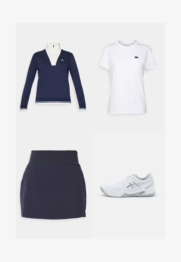 Pullover azul marinho com meia zip, feito de tecido texturizado, apresentando um colarinho e punhos brancos, bolso canguru e um logotipo verde da Lacoste.; T-shirt de algodão branca com decote redondo, mangas curtas e um pequeno logótipo azul-marinho no lado esquerdo do peito. Textura suave, design casual.; Saia atlética azul-marinho com um amplo cós elástico, tecido liso e silhueta ajustada. Sem bolsos ou padrões distintivos visíveis.; Shoe desportivo branco com materiais de malha e sintéticos, apresenta detalhes e atacadores cinzas, sola texturizada, design curvado e detalhe do logotipo.