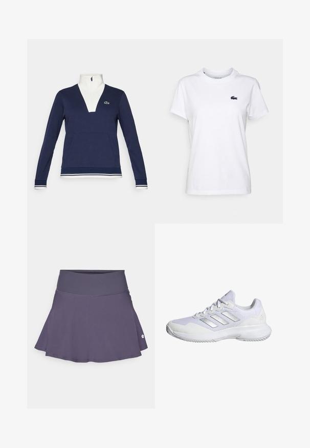 Pullover azul marinho com meia zip, feito de tecido texturizado, apresentando um colarinho e punhos brancos, bolso canguru e um logotipo verde da Lacoste.; T-shirt de algodão branca com decote redondo, mangas curtas e um pequeno logótipo azul-marinho no lado esquerdo do peito. Textura suave, design casual.; Saia atlética roxa, com barras largas, feita de material elástico. Apresenta um cós largo e um detalhe de logótipo subtil no canto inferior direito.; Sapatilha atlética branca com parte superior em malha, painéis texturizados e acabamentos em prata. Apresenta uma sola acolchoada e um design de bico redondo.