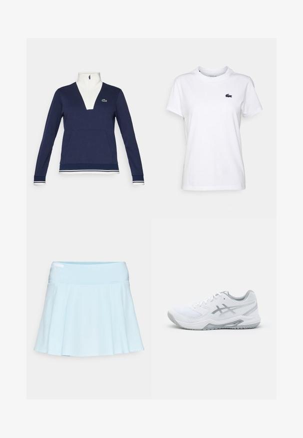 Marine blauwe half-zip pullover van gebreide stof, met een witte kraag en manchetten, een kangoeroezak en een groen Lacoste-logo.; Witte katoenen T-shirt met een ronde hals, korte mouwen en een klein marineblauw logo op de linkerkant van de borst. Gladde textuur, casual ontwerp.; Lichtblauwe sportrok met een uitlopende ontwerp, elastische tailleband en een gladde stoffen textuur. Voorzien van een discreet ingebouwd zakje aan de zijkant.; Witte sportschoen van mesh en synthetische materialen, met grijze accenten en veters, een gestructureerde zool, een gebogen ontwerp en logo-detail.