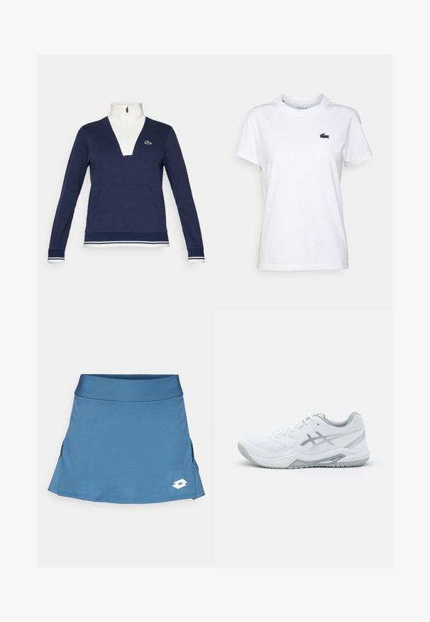 Navy half-zip pullover made of textured fabric, featuring a white collar and cuffs, kangaroo pocket, and a green Lacoste logo.; White cotton T-shirt with a round neck, short sleeves, and a small navy logo on the left chest. Smooth texture, casual design.; Blue sports skort made of lightweight fabric, featuring a fitted waistband, side slits, and a white logo accent near the hem.; White athletic shoe with mesh and synthetic materials, features gray accents and laces, textured sole, curved design, and logo detail.