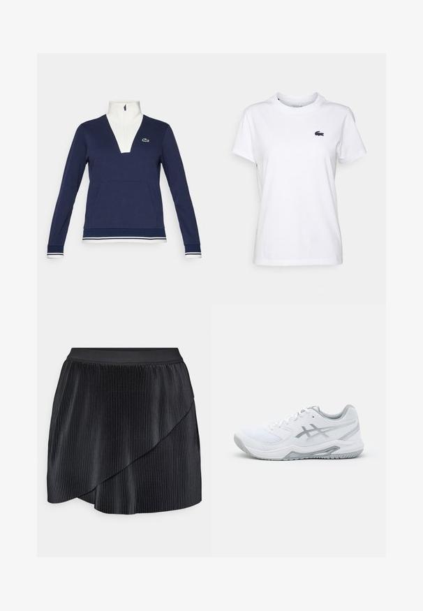 Sudadera de medio cierre en color navy hecha de una tela texturizada, con un cuello y puños blancos, bolsillo tipo canguro y un logotipo de Lacoste en verde.; Camiseta de algodón blanca con cuello redondo, mangas cortas y un pequeño logotipo azul marino en el lado izquierdo del pecho. Textura suave, diseño casual.; Falda mini plisada negra con una cinturilla suave, dobladillo asimétrico y una textura suave con estrías verticales en toda su superficie.; Zapatilla deportiva blanca con materiales de malla y sintéticos, presenta acentos y cordones grises, suela texturizada, diseño curvado y detalle del logo.