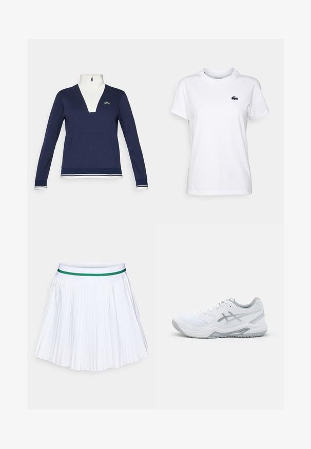 Pull-over bleu marine à zip demi-longueur en tissu texturé, avec un col et des poignets blancs, une poche kangourou et un logo Lacoste vert.; T-shirt en coton blanc avec un col rond, des manches courtes et un petit logo marine sur la poitrine gauche. Texture lisse, design décontracté.; Jupe plissée blanche avec une ceinture élastique verte unie. Présente des plis nets et bien espacés, créant une texture légère et aérée.; Baskets blanches en matériaux mesh et synthétiques, avec des accents et des lacets gris, une semelle texturée, un design courbé et un détail de logo.