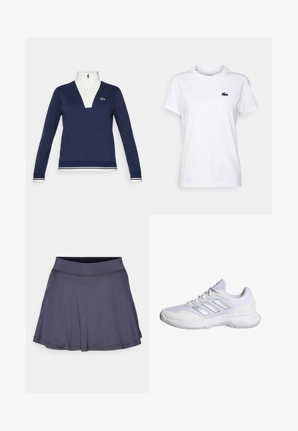 Pullover azul marinho com meia zip, feito de tecido texturizado, apresentando um colarinho e punhos brancos, bolso canguru e um logotipo verde da Lacoste.; T-shirt de algodão branca com decote redondo, mangas curtas e um pequeno logótipo azul-marinho no lado esquerdo do peito. Textura suave, design casual.; Skort leve, cinza-escuro, com bainha rodada, cintura elástica e textura suave. Sem padrões ou detalhes visíveis.; Sapatilha atlética branca com parte superior em malha, painéis texturizados e acabamentos em prata. Apresenta uma sola acolchoada e um design de bico redondo.
