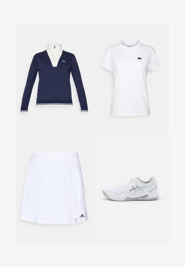 Pullover azul marinho com meia zip, feito de tecido texturizado, apresentando um colarinho e punhos brancos, bolso canguru e um logotipo verde da Lacoste.; T-shirt de algodão branca com decote redondo, mangas curtas e um pequeno logótipo azul-marinho no lado esquerdo do peito. Textura suave, design casual.; Saia de ténis branca com um tecido liso e leve, apresentando uma abertura lateral e um detalhe em preto no canto inferior esquerdo.; Shoe desportivo branco com materiais de malha e sintéticos, apresenta detalhes e atacadores cinzas, sola texturizada, design curvado e detalhe do logotipo.