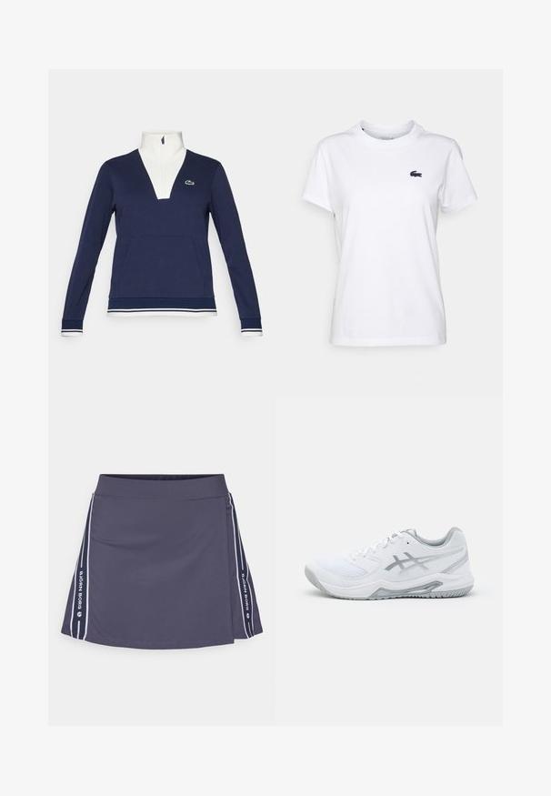 Pulover navy cu jumătate de fermoar, fabricat dintr-un material texturat, având guler și manșete albe, buzunar kangaroo și un logo verde Lacoste.; Tricou alb din bumbac, cu guler rotund, mâneci scurte și un mic logo bleumarin pe pieptul stâng. Textură netedă, design lejer.; Fustă sport navy cu un talie lată, dungi laterale albe și un logo afișat vertical pe partea stângă. Material neted și elastic.; Pantof de sport alb, realizat din materiale din plasă și sintetice, cu accente și șireturi gri, talpă texturată, design curbat și detaliu cu logo.