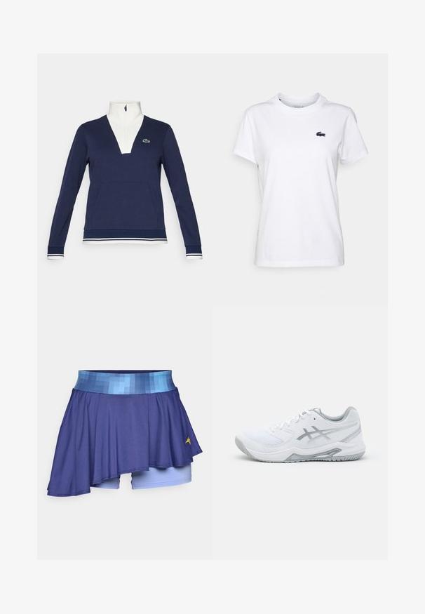 Sudadera de medio cierre en color navy hecha de una tela texturizada, con un cuello y puños blancos, bolsillo tipo canguro y un logotipo de Lacoste en verde.; Camiseta de algodón blanca con cuello redondo, mangas cortas y un pequeño logotipo azul marino en el lado izquierdo del pecho. Textura suave, diseño casual.; Skort morado con un diseño en capas, que presenta una cinturilla pixelada azul y pantalones cortos interiores de color azul claro. Fabricado con tejido elástico que absorbe la humedad.; Zapatilla deportiva blanca con materiales de malla y sintéticos, presenta acentos y cordones grises, suela texturizada, diseño curvado y detalle del logo.