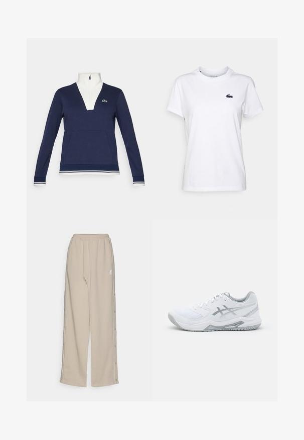 Sötétkék, félcipzáros pulóver texturált anyagból, fehér gallérral és mandzsettákkal, kenguruzsebbel és zöld Lacoste logóval.; Fehér pamut póló kerek nyakkal, rövid ujjakkal és egy kicsi sötétkék logóval a bal mellen. Sima textúra, laza dizájn.; Beige színű, puha anyagból készült melegítőnadrág, laza szabással, oldalsó patentgombokkal és elülső zsebekkel, a csípőn egy kis logóval.; Fehér sportcipő hálós és szintetikus anyagból, szürke kiemelésekkel és fűzőkkel, texturált talppal, ívelt dizájnnal és logó részlettel.