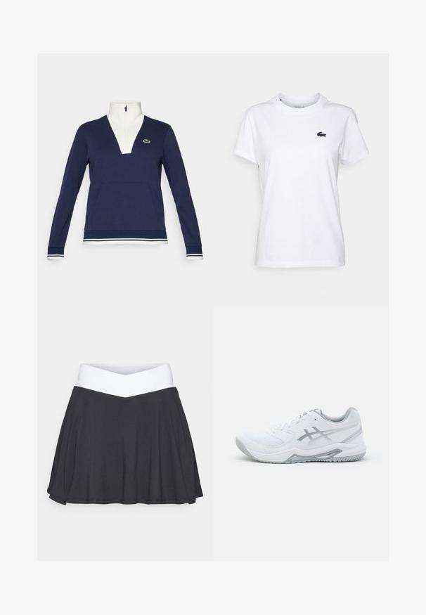 Jūrų jėgos pusiau užtrauktukas, pagamintas iš tekstūruoto audinio, su baltu apykakle ir rankogaliais, kengūros tipo kišene ir žaliu Lacoste logotipu.; Balta medvilnės marškinėliai su apvaliu kaklu, trumpomis rankovėmis ir mažuoju tamsiai mėlynu logotipu kairėje krūtinės pusėje. Lygi tekstūra, laisvalaikio dizainas.; Juodas šortų sijonas su baltu kryžminiu juosmeniu. Pagamintas iš minkštos, tamprios medžiagos, pasižymintis platesne suknele ir lygiu paviršiumi.; Baltasis sportinis batelis su tinklo ir sintetinėmis medžiagomis, turi pilkas akcentus ir raištelius, tekstūruotą padas, išlenktą dizainą ir logotipo detalę.