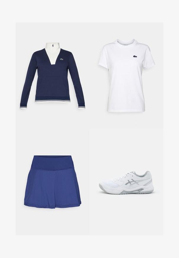 Mornarji polovični zadrga pulover iz teksturirane tkanine, z belim ovratnikom in manšetami, kenguru žepom ter zelenim logotipom Lacoste.; Bela bombažna majica s krožnim izrezom, kratkimi rokavi in majhnim mornarsko modrim logotipom na levem prsnem delu. Gladka tekstura, sproščen design.; Modra športna krila iz zračnega materiala, z gladkim pasom, slojevitim dizajnom in rahlo A-linijo. Teksturirana površinska podrobnost.; Bela športna obuvala iz mrežastih in sintetičnih materialov, z dodanimi sivo odtenki in vezalkami, teksturirano podplat, ukrivljen dizajn in podrobnost logotipa.