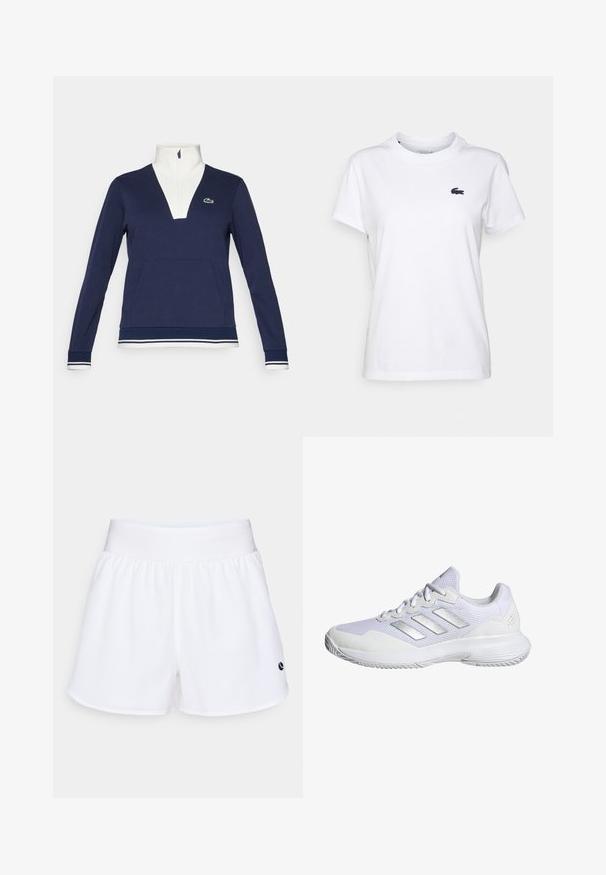 Jūras zila puszipa jaka, izgatavota no struktūras auduma, ar baltu apkakli un manšetēm, kanguru kabatu un zaļo Lacoste logo.; Balts kokvilnas T-krekls ar apaļu kakla izgriezumu, īsām piedurknēm un mazu tumši zilu logotipu kreisajā krūtī. Gluda tekstūra, ikdienišķs dizains.; Baltas audums sporta šorti ar elastīgu jostu un mazu zilo logotipu. Gluda tekstūra, līdz ceļgaliem, ar sānu spraugām kustīguma nodrošināšanai.; Baltas sporta apavi ar sieta virsējo daļu, teksturētām paneļiem un sudraba akcentiem. Iezīmēts ar polsterētu zoli un apaļu pirksta dizainu.