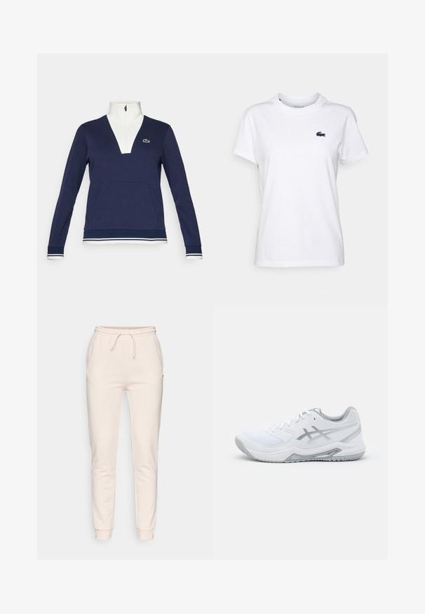 Marinblå halvdraget pullover i texturerat tyg, med vit krage och manschetter, känguruficka och en grön Lacoste-logotyp.; Vit bomull T-shirt med rund hals, korta ärmar och en liten marinblå logotyp på vänster bröst. Slät textur, avslappnad design.; Ljusrosa joggerbyxor i mjukt tyg, med elastisk midja och dragsko, sidofickor och tapered muddar.; Vit sportskor med nät- och syntetmaterial, har grå accenter och snörning, texturerad sula, böjd design och logotypdetalj.