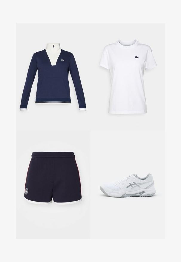 Mornarji polovični zadrga pulover iz teksturirane tkanine, z belim ovratnikom in manšetami, kenguru žepom ter zelenim logotipom Lacoste.; Bela bombažna majica s krožnim izrezom, kratkimi rokavi in majhnim mornarsko modrim logotipom na levem prsnem delu. Gladka tekstura, sproščen design.; Temno modri športni šort z belim in rdečim stranskim trakom, belim robom in okroglo oznako na levi nogi. Gladka tekstura tkanine.; Bela športna obuvala iz mrežastih in sintetičnih materialov, z dodanimi sivo odtenki in vezalkami, teksturirano podplat, ukrivljen dizajn in podrobnost logotipa.