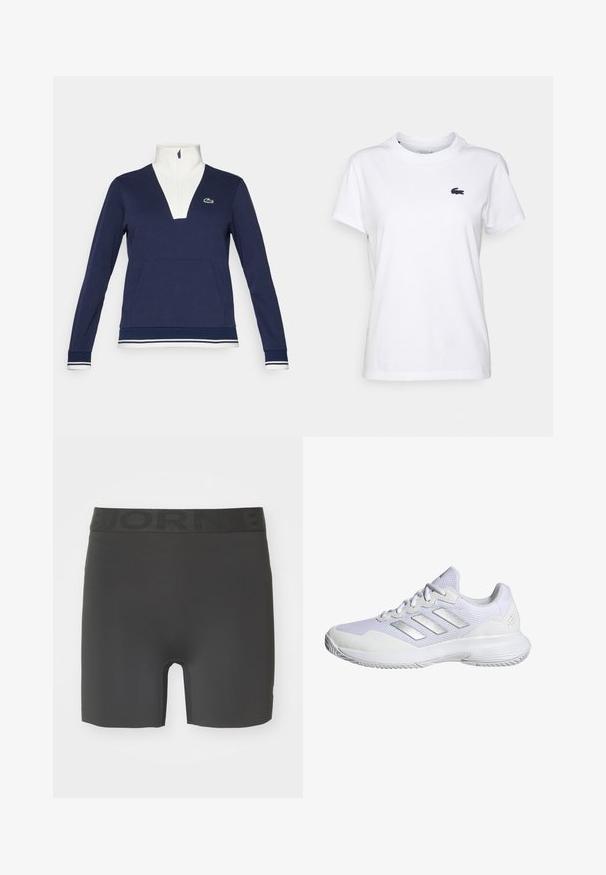 Marineblå half-zip pullover laget av teksturert stoff, med hvit krage og mansjetter, kengurulomme og grønt Lacoste-logo.; Hvit bomulls T-skjorte med rund hals, korte ermer og en liten marineblå logo på venstre bryst. Glatt tekstur, uformell design.; Svarte idrettsshorts laget av et elastisk materiale. Har en elastisk midje med hevet skrift og design med lengde til midt på låret.; Hvite treningssko med mesh-overdel, teksturerte paneler og sølvdetaljer. Har en polstret såle og rund tådesign.
