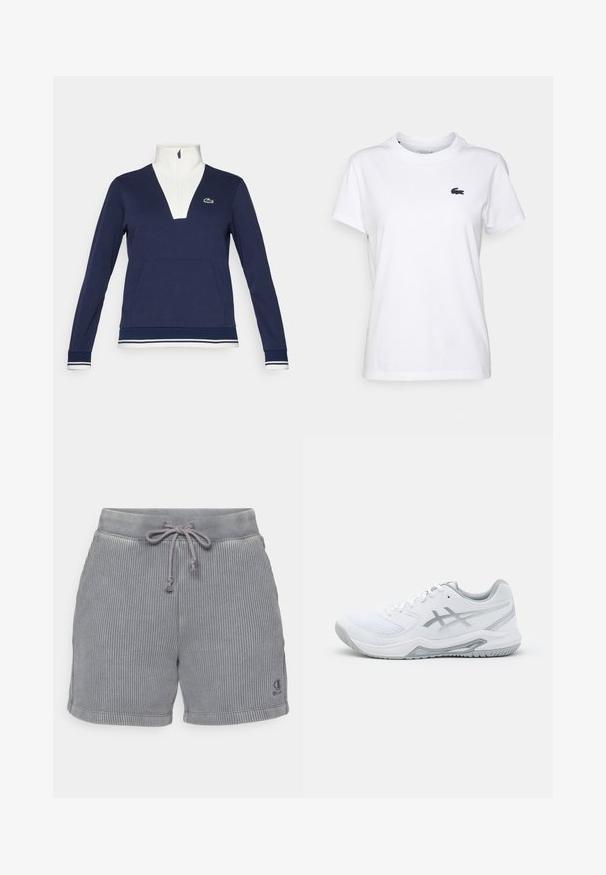 Jūras zila puszipa jaka, izgatavota no struktūras auduma, ar baltu apkakli un manšetēm, kanguru kabatu un zaļo Lacoste logo.; Balts kokvilnas T-krekls ar apaļu kakla izgriezumu, īsām piedurknēm un mazu tumši zilu logotipu kreisajā krūtī. Gluda tekstūra, ikdienišķs dizains.; Pelēki riboti šorti ar elastīgu jostasvietu, aukliņu aizdari un logo detaļu apakšējā kreisajā malā. Maiga tekstūra un ikdienišķs dizains.; Baltas sporta apavs ar acu izvirduma un sintētiskajiem materiāliem, ar pelēkām akcentēm un auklām, teksturētu zoli, izliekta dizaina un logotipa detaļām.