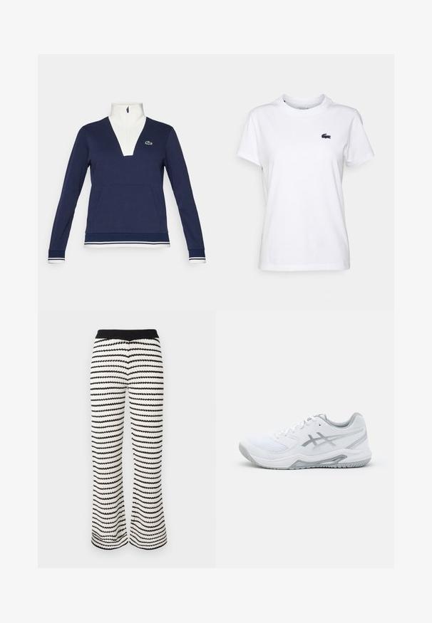 Marineblauer Halbreißverschluss-Pullover aus Textil, mit weißem Kragen und Bündchen, Kängurutasche und grünem Lacoste-Logo.; Weißes Baumwoll-T-Shirt mit Rundhalsausschnitt, kurzen Ärmeln und kleinem, navyfarbenem Logo auf der linken Brust. Glatte Textur, lässiges Design.; Gestrickte weit geschnittene Hosen in schwarz-weißen Streifen. Mit einem gerippten Taillenbund und einem strukturierten Stoff mit einem wellenförmigen Muster über die gesamte Länge.; Weißer Sportschuh aus Mesh und synthetischen Materialien, mit grauen Akzenten und Schnürsenkeln, strukturiertem Sohlen, gebogenem Design und Logodetails.