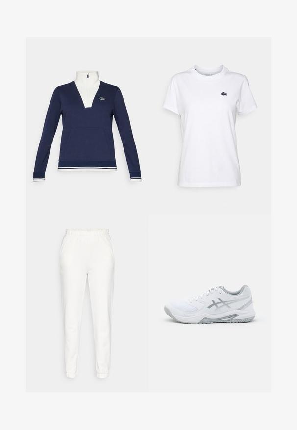 Pullover azul marinho com meia zip, feito de tecido texturizado, apresentando um colarinho e punhos brancos, bolso canguru e um logotipo verde da Lacoste.; T-shirt de algodão branca com decote redondo, mangas curtas e um pequeno logótipo azul-marinho no lado esquerdo do peito. Textura suave, design casual.; Calças de fato brancas, ajustadas, com cintura e punhos elásticos, apresentando bolsos laterais, exibidas num fundo simples.; Shoe desportivo branco com materiais de malha e sintéticos, apresenta detalhes e atacadores cinzas, sola texturizada, design curvado e detalhe do logotipo.