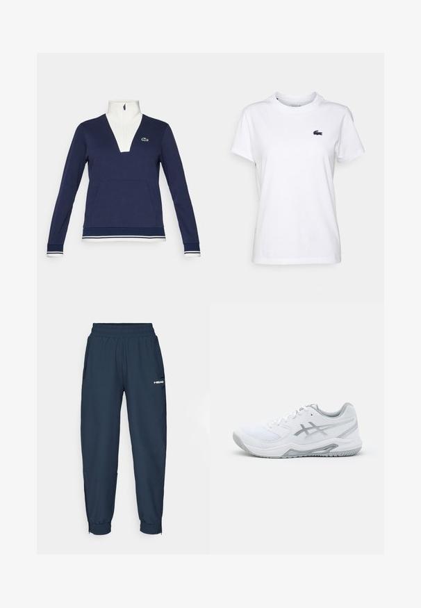 Pullover azul marinho com meia zip, feito de tecido texturizado, apresentando um colarinho e punhos brancos, bolso canguru e um logotipo verde da Lacoste.; T-shirt de algodão branca com decote redondo, mangas curtas e um pequeno logótipo azul-marinho no lado esquerdo do peito. Textura suave, design casual.; Calças atléticas azul-escuras com uma cintura elástica, dois bolsos laterais e punhos elásticos nos tornozelos. Logótipo "HEAD" em branco na frente.; Shoe desportivo branco com materiais de malha e sintéticos, apresenta detalhes e atacadores cinzas, sola texturizada, design curvado e detalhe do logotipo.