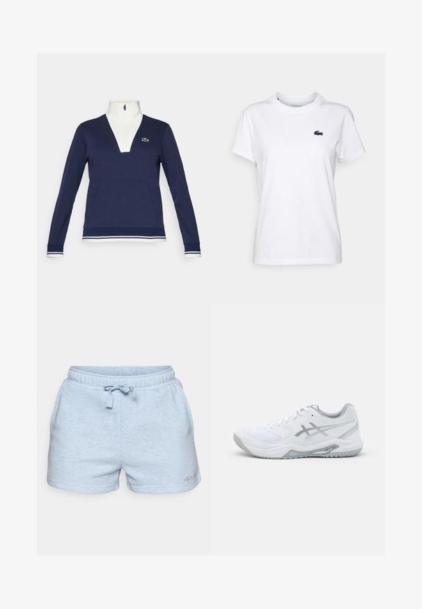 Pullover azul marinho com meia zip, feito de tecido texturizado, apresentando um colarinho e punhos brancos, bolso canguru e um logotipo verde da Lacoste.; T-shirt de algodão branca com decote redondo, mangas curtas e um pequeno logótipo azul-marinho no lado esquerdo do peito. Textura suave, design casual.; Calções de algodão azul claro com cintura elástica, cordão ajustável e bolsos laterais. Tecido texturizado com detalhes costurados.; Shoe desportivo branco com materiais de malha e sintéticos, apresenta detalhes e atacadores cinzas, sola texturizada, design curvado e detalhe do logotipo.