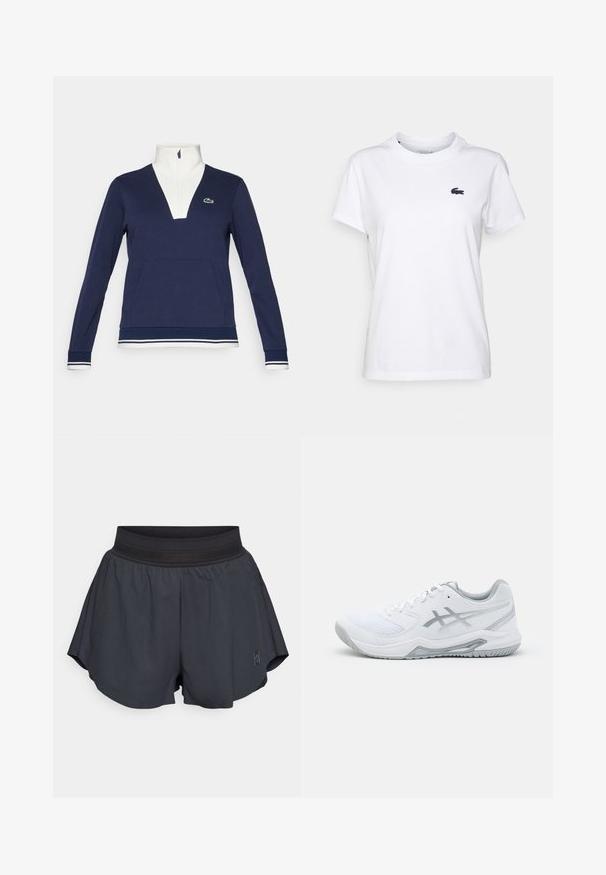 Pullover azul marinho com meia zip, feito de tecido texturizado, apresentando um colarinho e punhos brancos, bolso canguru e um logotipo verde da Lacoste.; T-shirt de algodão branca com decote redondo, mangas curtas e um pequeno logótipo azul-marinho no lado esquerdo do peito. Textura suave, design casual.; Calções atléticos pretos com uma cintura elástica suave, ajuste solto, pequenas pregas nos lados e um pequeno logo na parte inferior da frente.; Shoe desportivo branco com materiais de malha e sintéticos, apresenta detalhes e atacadores cinzas, sola texturizada, design curvado e detalhe do logotipo.