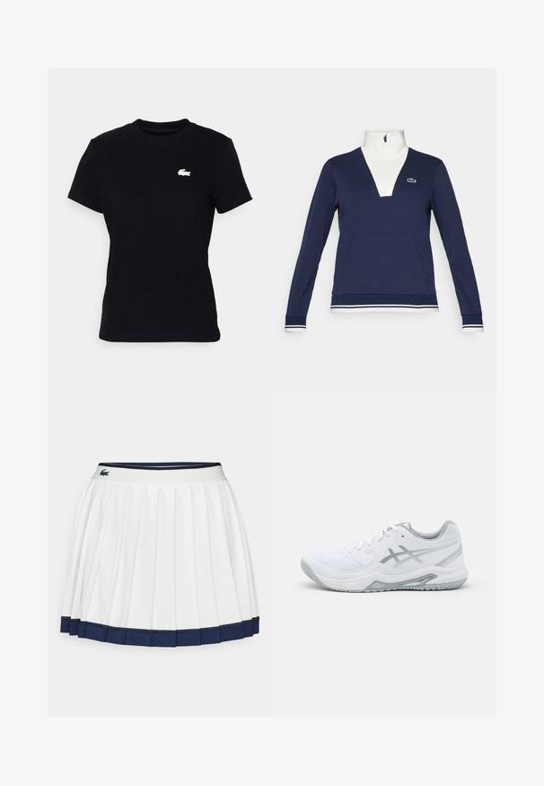 Mornarji polovični zadrga pulover iz teksturirane tkanine, z belim ovratnikom in manšetami, kenguru žepom ter zelenim logotipom Lacoste.; Črna bombažna majica s kratkimi rokavi in klasičnim ovratnikom, z majhnim belim logotipom Lacoste, ki je postavljen na levi prsni delu.; Bela plisirana krila s temno modrim pasom in robom. Ima mehak material z vodoravnimi črtami na pasu, zasnovan za udobje.; Bela športna obuvala iz mrežastih in sintetičnih materialov, z dodanimi sivo odtenki in vezalkami, teksturirano podplat, ukrivljen dizajn in podrobnost logotipa.
