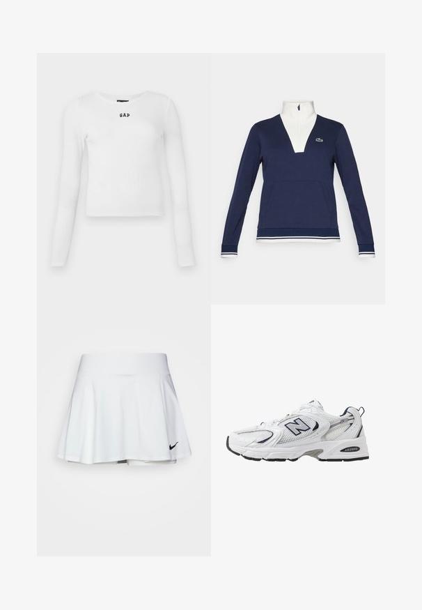 Pullover blu navy a mezza zip realizzato in tessuto testurizzato, con collo e polsini bianchi, tasca a marsupio e logo Lacoste verde.; Maglietta bianca a maniche lunghe a costine con scollatura rotonda e piccolo logo "GAP" nero al centro. Tessuto morbido e elastico con un design aderente.; Gonna sportiva bianca con design a campana, vita elastica e pantaloni integrati. Presenta un piccolo logo Nike nero in basso a destra.; Scarpa sportiva bianca con tomaia in mesh, dettagli in blu marino e suola imbottita. Presenta il logo "N", lacci e dettaglio texturizzato sul lato.
