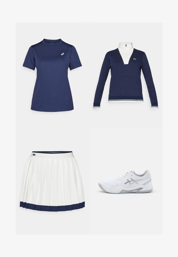 Marineblå half-zip pullover laget av teksturert stoff, med hvit krage og mansjetter, kengurulomme og grønt Lacoste-logo.; ASICS COURT TOP - T-skjorte til trening - midnight; Hvit plissért skjørt med mørkeblå kant og liv, laget av et textured materiale og med en liten grønn logo på livet.; Hvit treningsko i nett- og syntetiske materialer, med grå detaljer og snøring, teksturert såle, buet design og logo-detalle.