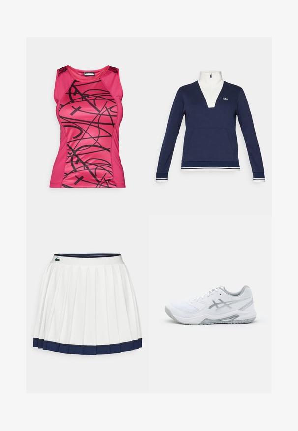 Navy half-zip pullover made of textured fabric, featuring a white collar and cuffs, kangaroo pocket, and a green Lacoste logo.; Fitted pink athletic tank top featuring a black abstract design, smooth texture, and contrasting shoulder accents.; White pleated skirt with a navy blue waistband and hem. Features soft fabric with horizontal stripes on the waistband, designed for comfort.; White athletic shoe with mesh and synthetic materials, features gray accents and laces, textured sole, curved design, and logo detail.