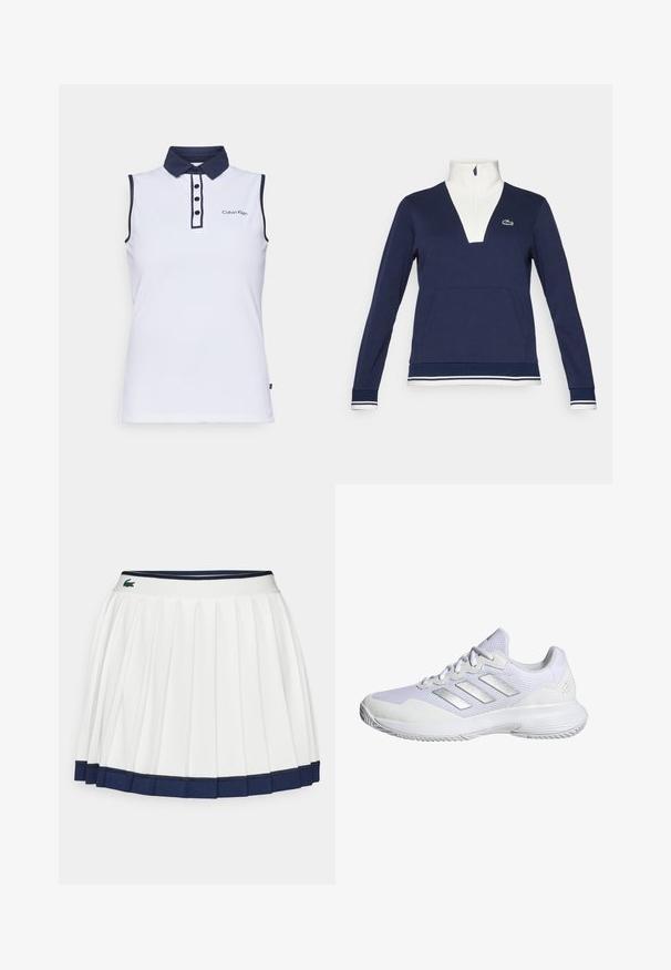 Navy half-zip pullover made of textured fabric, featuring a white collar and cuffs, kangaroo pocket, and a green Lacoste logo.; Sleeveless polo shirt in white with navy collar and accents. Features a three-button placket and embroidered logo on the left chest.; White pleated skirt with a navy blue waistband and hem. Features soft fabric with horizontal stripes on the waistband, designed for comfort.; White athletic shoe with mesh upper, textured panels, and silver accents. Features a cushioned sole and round toe design.