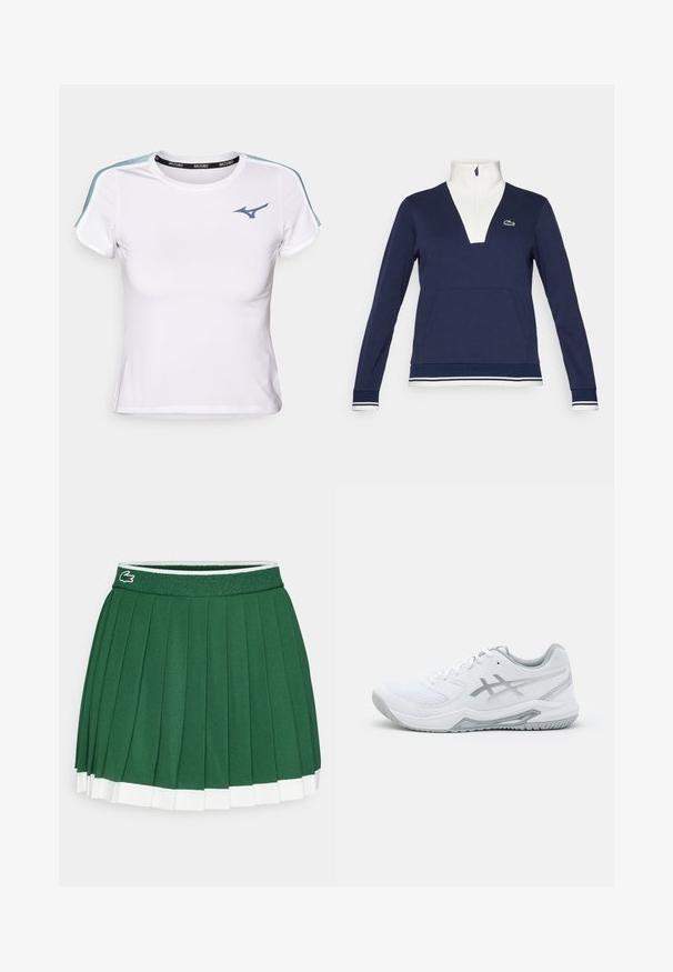 Námornícky polovičný zipsový pulóver vyrobený z textúrovanej tkaniny, so svetlým golierom a manžetami, klokankovou kapsou a zeleným logom Lacoste.; Biela športová tričko s priliehavým strihom, krátkymi rukávmi, kontrastnými modrými akcentmi na pleciach a čiernym pásom so značkou.; Zelená skladaná sukňa s textúrovaným pásom. Obsahuje biele akcenty na leme a malé logo značky na páse.; Biela športová obuv s mesh a syntetickými materiálmi, so sivými akcentmi a šnúrkami, štruktúrovaná podrážka, zakrivený dizajn a detail loga.