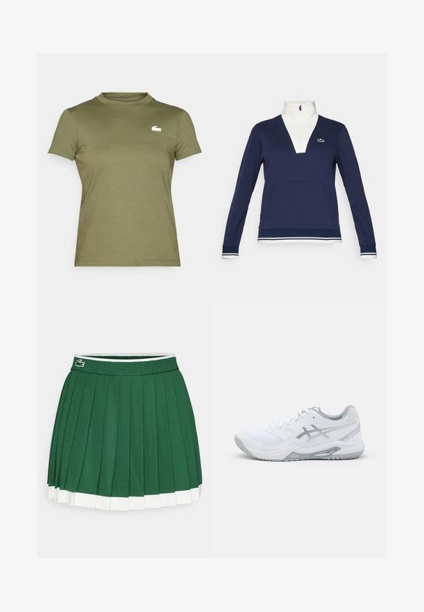 Marineblå half-zip pullover laget av teksturert stoff, med hvit krage og mansjetter, kengurulomme og grønt Lacoste-logo.; Olivengrønn kortermet t-skjorte laget av myk bomull, med rund hals og en liten hvit krokodillelogo på brystet.; Grønn plisserte skjørt med en teksturert midjebånd. Har hvite detaljer i nederkant og en liten merke-logo på midjebåndet.; Hvit treningsko i nett- og syntetiske materialer, med grå detaljer og snøring, teksturert såle, buet design og logo-detalle.