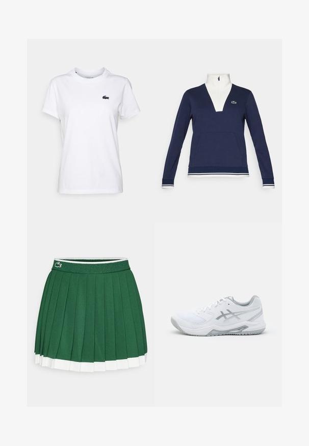 Námořnický pulovr na půl zip z texturované látky, s bílým límcem a manžetami, klokankou a zeleným logem Lacoste.; Bílý bavlněný tričko s kulatým výstřihem, krátkými rukávy a malým tmavě modrým logem na levé hrudi. Hladká textura, ležérní design.; Zelená skládací sukně s texturovaným pasem. Má bílé akcenty na lemu a malé logo značky na pasu.; Bílé sportovní tenisky s prodyšným a syntetickým materiálem, mají šedé akcenty a tkaničky, texturovanou podrážku, zakřivený design a detaily loga.