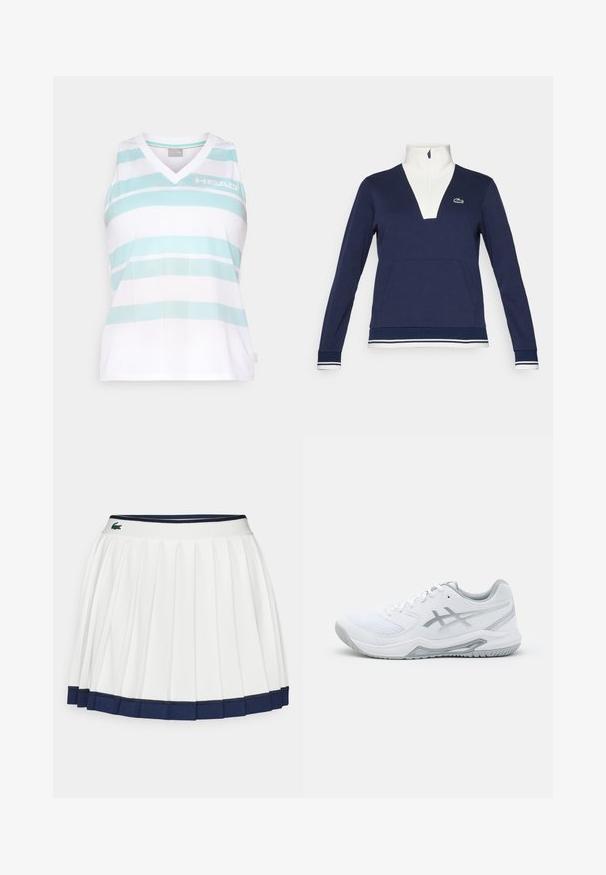 Marineblå half-zip pullover laget av teksturert stoff, med hvit krage og mansjetter, kengurulomme og grønt Lacoste-logo.; Ermeløs treningsbluse i hvit med lyseblå striper. V-halsdesign med et pustende materiale og inkluderer "HEAD"-logoen på forsiden.; Hvit table裙 med en marineblå midjebånd ogkant. Har mykt stoff med horisontale striper på midjebåndet, designet for komfort.; Hvit treningsko i nett- og syntetiske materialer, med grå detaljer og snøring, teksturert såle, buet design og logo-detalle.