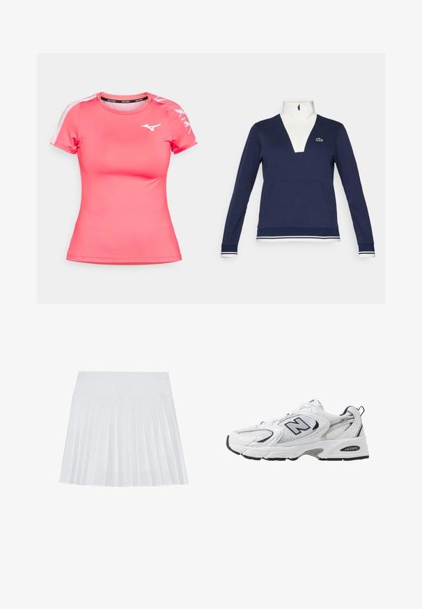 Sudadera de medio cierre en color navy hecha de una tela texturizada, con un cuello y puños blancos, bolsillo tipo canguro y un logotipo de Lacoste en verde.; Camiseta deportiva rosa hecha de un tejido suave y transpirable. Presenta mangas cortas, un escote redondo y un logo blanco en el pecho y las mangas.; Falda plisada blanca con una cinturilla lisa. Fabricada con un tejido ligero y texturizado. Presenta pliegues verticales y uniformes en toda la prenda.; Zapatilla deportiva blanca con parte superior de malla, acentos en azul marino y suela acolchada. Presenta el logo "N", cordones y detalle texturizado en el lateral.