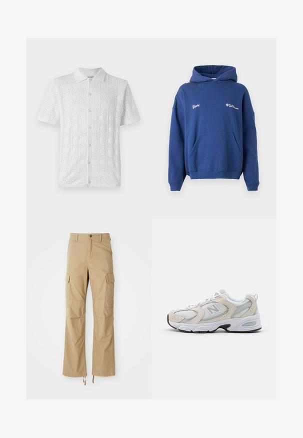 Mørkeblå hoodie i blød bomuld, med en frontlomme, ribbede manchetter og broderede logos på brystet. Afslappet, oversized pasform.; Hvid kortærmet skjorte med et struktureret rutenetmønster og små perforeringer, med krave og fem frontknapper.; Khaki cargo bukser lavet af slidstærkt stof, der har flere sidelommer, en lige ben-design og justerbare snore i kanten.; Sportssko med en lys grå mesh-overdel og ruskindsdetaljer, hvide snørebånd og en sort gummisål. Bemærkelsesværdig ABZORB dæmpning.