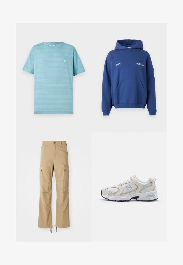 Sudadera azul marino de algodón suave, con un bolsillo frontal tipo canguro, puños acanalados y logotipos bordados en el pecho. Corte casual y oversize.; Camiseta de manga corta azul claro con rayas horizontales y un pequeño logo en el pecho. Fabricada en tejido suave con un corte relajado.; Pantalones cargo caqui hechos de un tejido duradero, con múltiples bolsillos laterales, un diseño de pierna recta y cuerdas ajustables en el dobladillo.; Zapatilla deportiva con parte superior de malla gris claro y acentos de ante, cordones blancos y suela de goma negra. Detalle notable de amortiguación ABZORB.