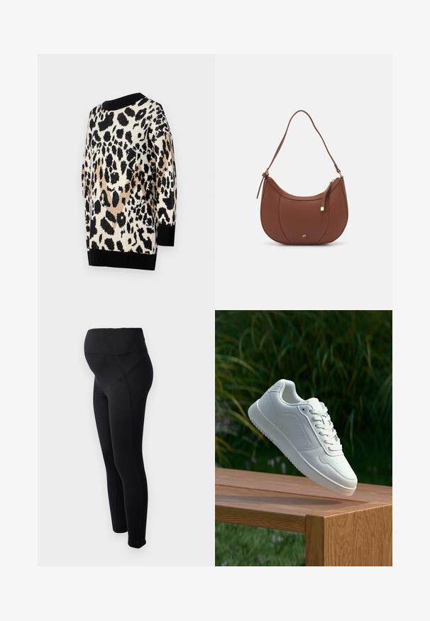 Leopardimustriga neelune särk neutraalsetes musta, beeži ja kreemi toonides. Omab ümmargust kaelust ja soonilisi musti mansette ning hemmi.; Mustad rasedusleggingsid kõrge vöökohtaga, valmistatud venivast materjalist. Omavad siledat tekstuuri ja mugavat istuvust.; Valged sneakerd, millel on sile sünteetiline ülemine osa, väikeste aukudega varvaskast, lamedad paelad ja tekstuuriga tald, eksponeeritud puidust pinnal.; Pruun faux nahast õlaline kott, millel on kaarjas kuju, minimaalne õmblemine ja kuldse tooni metallist aksessuaar. Omab ülemist tõmblukku ja reguleeritavat rihma.
