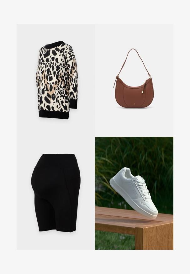 Leopard print sweater in neutral tones of black, beige, and cream. Features a round neckline and ribbed black cuffs and hem.; Black high-waisted cycling shorts with a smooth texture, feature fitted design and stitched seams, extending to just above the knee.; White sneaker with a smooth synthetic upper, perforated toe box, flat laces, and a textured sole, displayed on a wooden surface.; Brown faux leather shoulder bag with curved shape, minimal stitching, and a gold-tone hardware accent. Features a top zipper closure and adjustable strap.