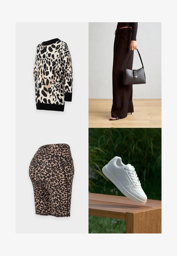 Svetr s leopardím potiskem v neutrálních tónech černé, béžové a krémové. Má kulatý výstřih a žebrované černé manžety a lem.; Kraťasy na kolo s leopardím vzorem v béžové a černé barvě, s vysokým pasem a hladkým, elastickým materiálem, který se přizpůsobuje tělu.; Bílé tenisky s hladkým syntetickým svrškem, perforovanou špičkou, plochými tkaničkami a texturovanou podrážkou, vystavené na dřevěném povrchu.; Černá kabelka se strukturovaným tvarem, hladkým povrchem a kovovým uzávěrem. Kombinována s širokými černými kalhotami a sandály s otevřenou špičkou na dřevěné podlaze.
