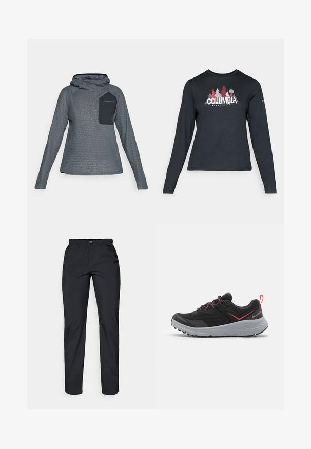 Pelēks teksturēts garamnakts kapuces džemperis ar melnu rāvējslēdzēja krūšu kabatu, kas marķēta ar "Peak Performance."; Tumšs pelēks krekls ar garām piedurknēm, ar grafiku, kurā attēloti sarkani koki un kalni; "COLUMBIA" logo treknā baltā tekstā. Mīksta auduma, standarta apaļa kakla izgriezums.; Melnas, vieglas, ūdensizturīgas bikses ar elastīgu jostu un divām sānu kabatām; gluda tekstūra; taisnu kāju dizains.; Melnas sporta kurpes ar acs audumu, pelēka zole un sarkaniem akcentiem. Iekļauj teksturētas paneļus, sašņorēšanu un cilpu pie papēža.