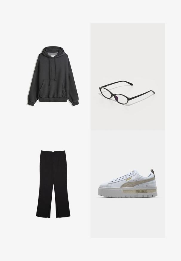 Tumma harmaa huppari, joka on valmistettu pehmeästä kankaasta, sisältää kengurupocketin, säädettävän kiristysnauhan hupun sekä joustavat hihansuut ja helman.; Mustat housut suoralinjaisella leikkauksella, joissa on etutaskut ja sivurei'ät helman alla. Valmistettu pehmeästä ja sileästä kankaasta. Sopii eri tilaisuuksiin.; Valkoiset tennarit, joissa on näyttävä vaaleanruskea raita, paksu harmaa pohja ja kultaiset yksityiskohdat. Ominaisuuksiin kuuluvat pyöreät nauhat sekä teksturoitu kieliosan lipuke, jossa on brändin logo.; Musta muovinen silmälasi, jossa on soikea muoto, läpinäkyvät linssit ja yksi violetti korostus vasemmassa linssissä. Tyylikäs, minimalistinen muotoilu.