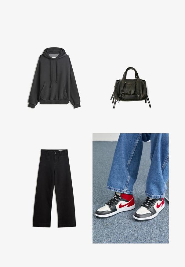 Mörkgrå hoodie i mjukt tyg med en kenguruficka, justerbar dragsko för huvan och ribbad mudd vid ärmar och nederkant.; Svarta vida denimbyxor med hög midja, med fram- och bakfickor, sydda sömmar och knappstängning. Slät textur.; Svarta, vita och röda högskor med en slät läderöverdela, rund tå och kontrasterande Swoosh-logotyp. I kombination med vida denimjeans.; Svart läderhandväska med flätade handtag, dragkedjefack och hängande pom poms. Texturerad yta med metallnitar och hårdvaruaccenter.