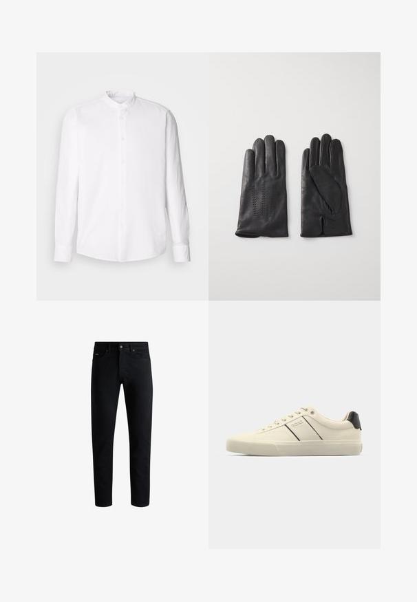 Melnā ribots ķemmēta dūkdoma ar augstu apkakli, garām piedurknēm un brīvu piegriezumu. Audums parāda teksturētu rakstu visā virsmā.; Balta ar gariem piedurknēm krekls ar stāvu apkakli, ar pogu priekšpusi, teksturētu audumu un klasisku piegriezumu. Nav redzami nekādi raksti vai akcenti.; Melnas šauras piegriezuma džinsi ar piecām kabatām, pogu aizdari un jostu cilpām, attēloti uz baltas fona.; Krēmkrāsas sporta apavi ar gludu tekstūru, ar melniem akcentiem un zīmolu. Klasisks aukliņu dizains ar apaļu purngalu un gumijas zoli.; Melnas ādas cimdi ar pieciem pirkstiem, ar dekoratīvu diegu šuvēm. Iekšpuse ir ar mīkstu oderi un atvērtu īkšķa dizainu.